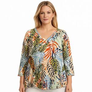 Tahari Floral Palm Leaves 3/4 Sleeve V Neck Blouse Size 1X